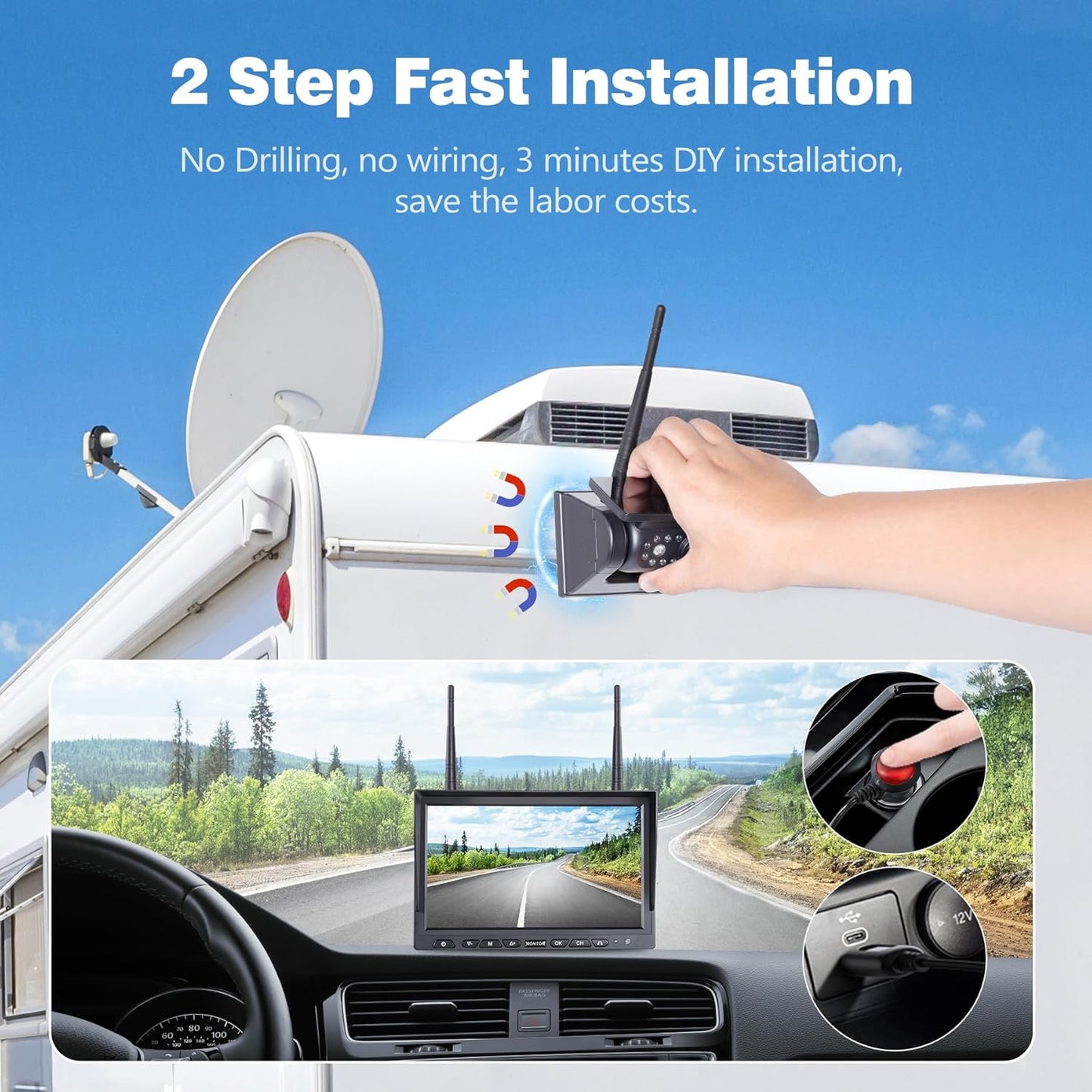 10.1" Magnetic Wireless RV Backup Camera System, 1 Rear Cameras & 2 Side Cameras for Reversing/Monitoring Trailer Camper, 1080P DVR Monitor, 3x9600mAh Waterproof IR Night Vision Cameras, WS3