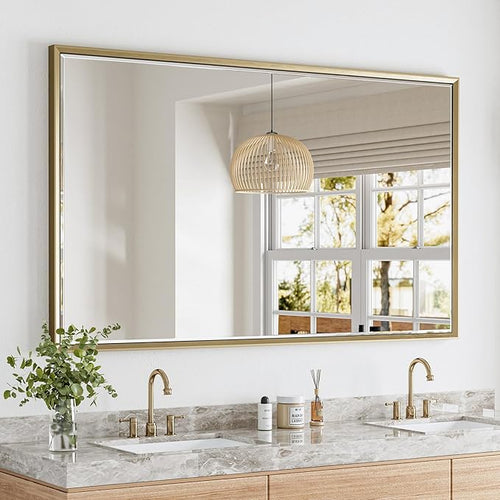 60 x 36 Gold Bathroom Mirror, Brushed Gold Beveled Bathroom Mirror, by QUEENFUN
