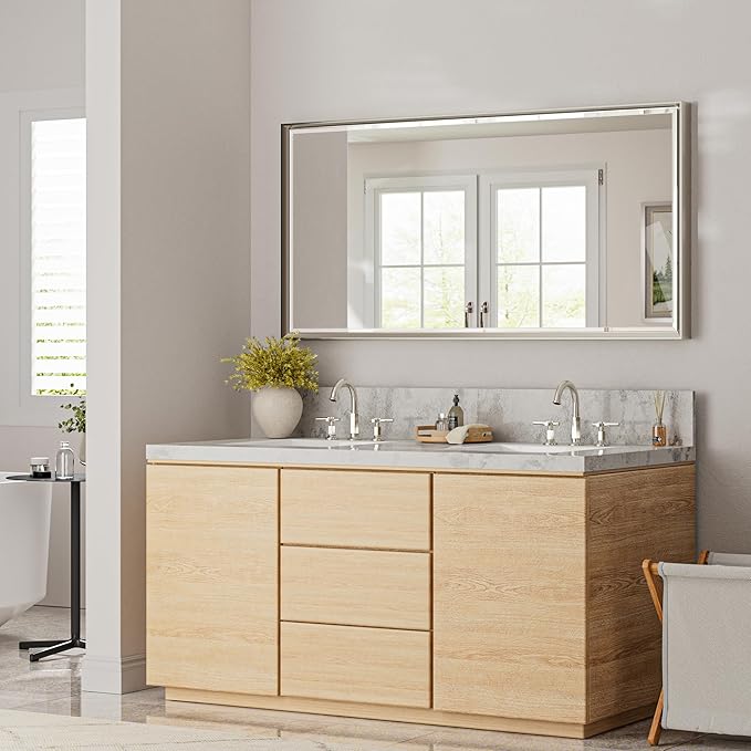 48 x 24 Brushed Nickel Bathroom Mirror, Beveled Framed Rectangle, Shatterproof - Image 6