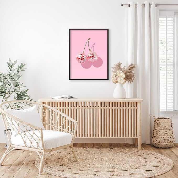 Funky Pink Cherry Poster Retro Disco Ball Canvas Wall Art 24X36 inch Black - Image 5