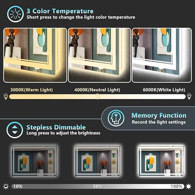 48x36 LED Bathroom Mirror with Lights, Backlit and Front Lit Anti-Fog Lighted - Image 4