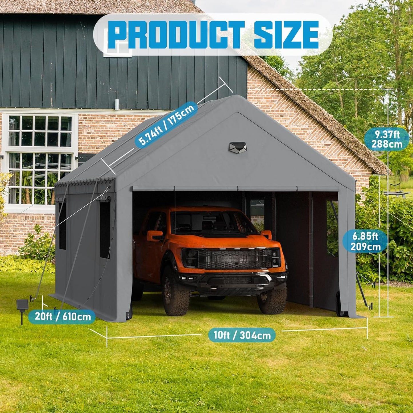 10x20 Carport, Heavy Duty Carport Canopy Garage with Removable Sidewalls and Drive Through Roll Up Zipper Doors, Grey