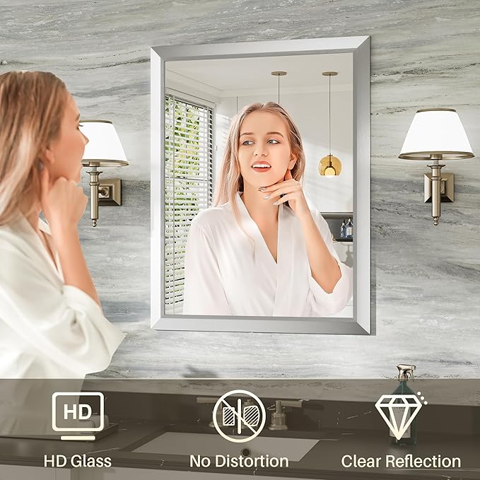 36x32 Inch Brushed Silver Bathroom Mirror - Image 5