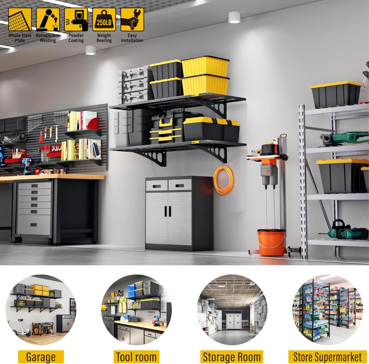 1.64x4ft Adjustable Rail Wall Garage Storage Shelf, for Tool Room, Storage Room, Store Supermarket Wall Storage Shelving Rack (2 Pack-Black)