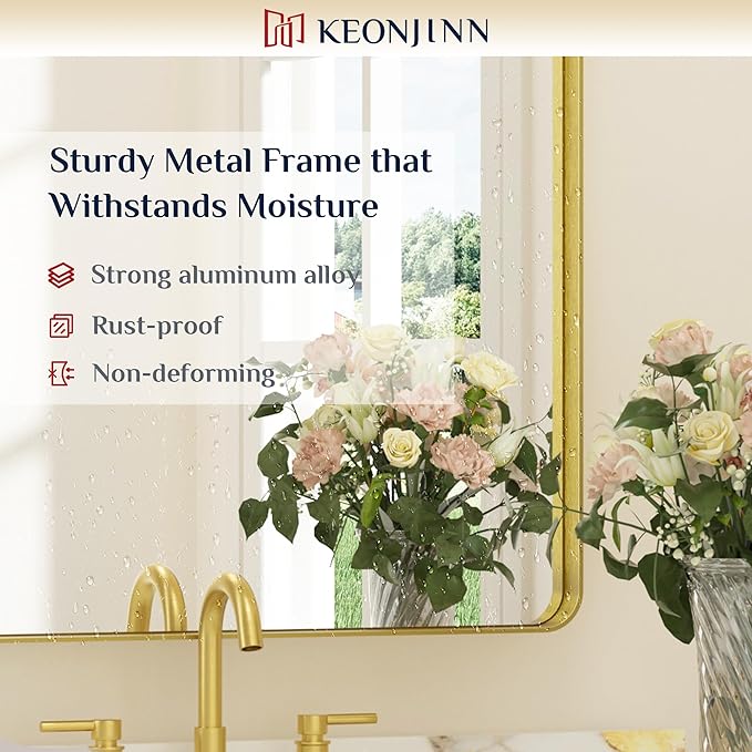 Keonjinn Gold Bathroom Mirrors for Over Sink, 40” x 30” Brushed Brass Mirror - Image 9
