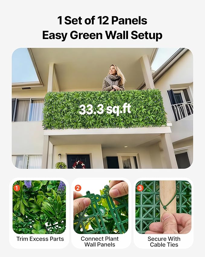VEVOR Artificial Plant Wall, 40 x 120 in Artificial Boxwood Panels, Sun - Image 4