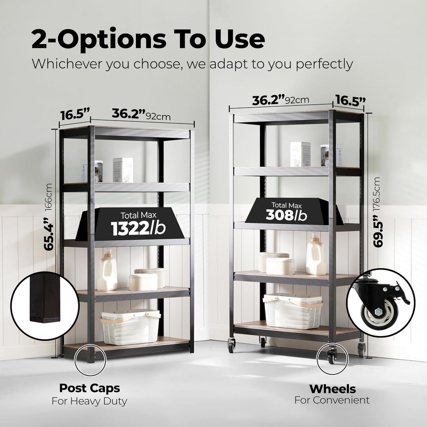 HOMEDANT House 5-Tier Metal Rolling Cart Shelf Rack Casters Heavy Duty Laminated Wheel Shelving Unit Adjustable Utility Storage Shelves Organizer Shelf Kitchen Garage 36.2" W x 16.5" D x 69.5" H 2Pack