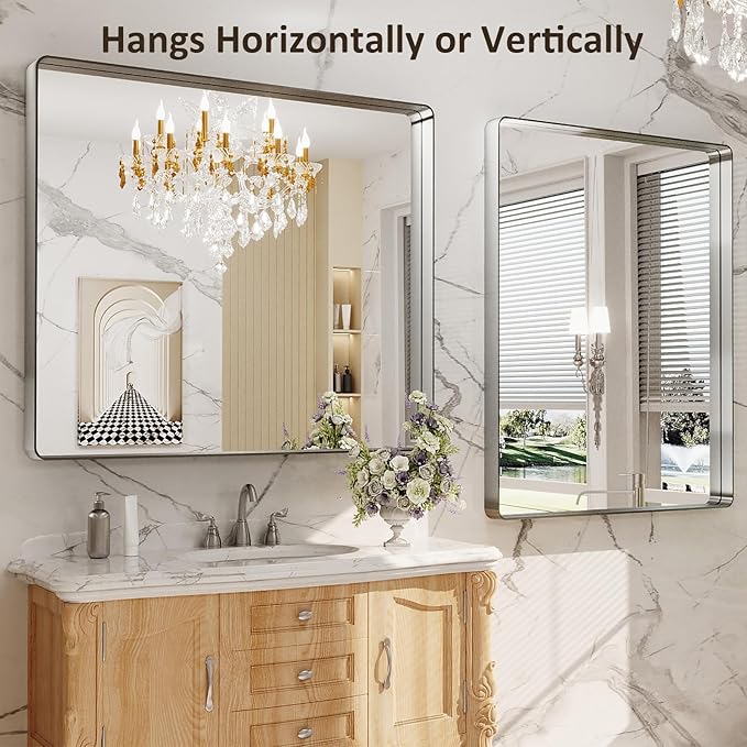 LOAAO 48x40 Inch Brushed Nickel Bathroom Mirror, Rounded Rectangle Silver Metal - Image 4
