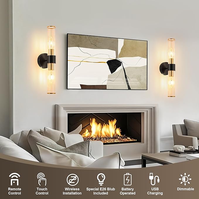 Black Gold Battery Operated Wall Sconces Set of 2, Rechargeable Wall Lights - Image 3