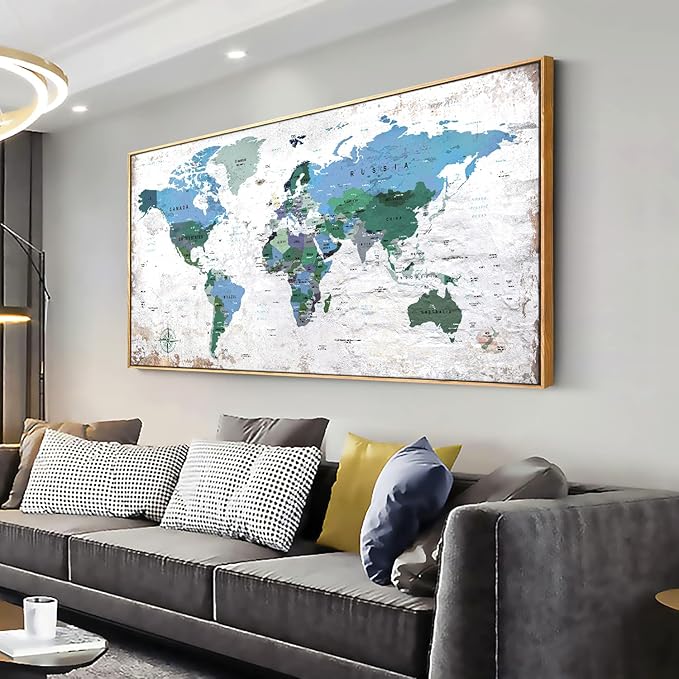 Framed Wall Art World Map Wall Art Canvas Picture 30inchx60inch Large Blue Map - Image 3
