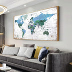 Framed Wall Art World Map Wall Art Canvas Picture 30inchx60inch Large Blue Map by ZEYDRT