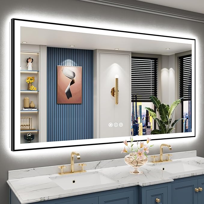 68x38 Black Framed LED Bathroom Mirror by Awandee