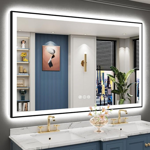 60x40 Black Framed LED Bathroom Mirror by Awandee