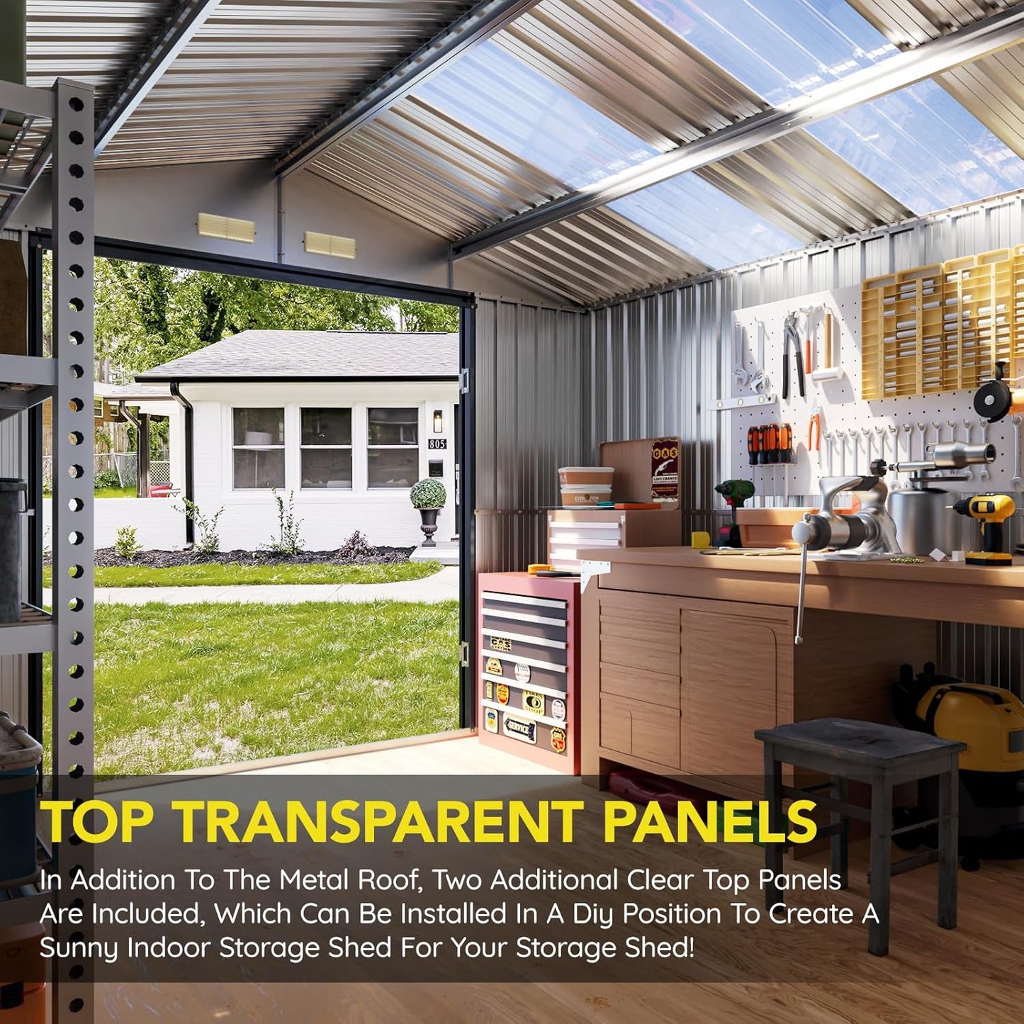 10x12 FT Outdoor Metal Storage Shed, Double Swing Doors, 2 Clear Windows, Replaceable Skylight Roof Panel, Tool Shed for Garden, Patio, Backyard