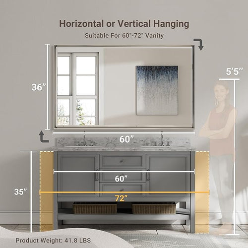 60 x 36 Brushed Nickel Bathroom Mirror, Beveled Framed Rectangle - Image 2