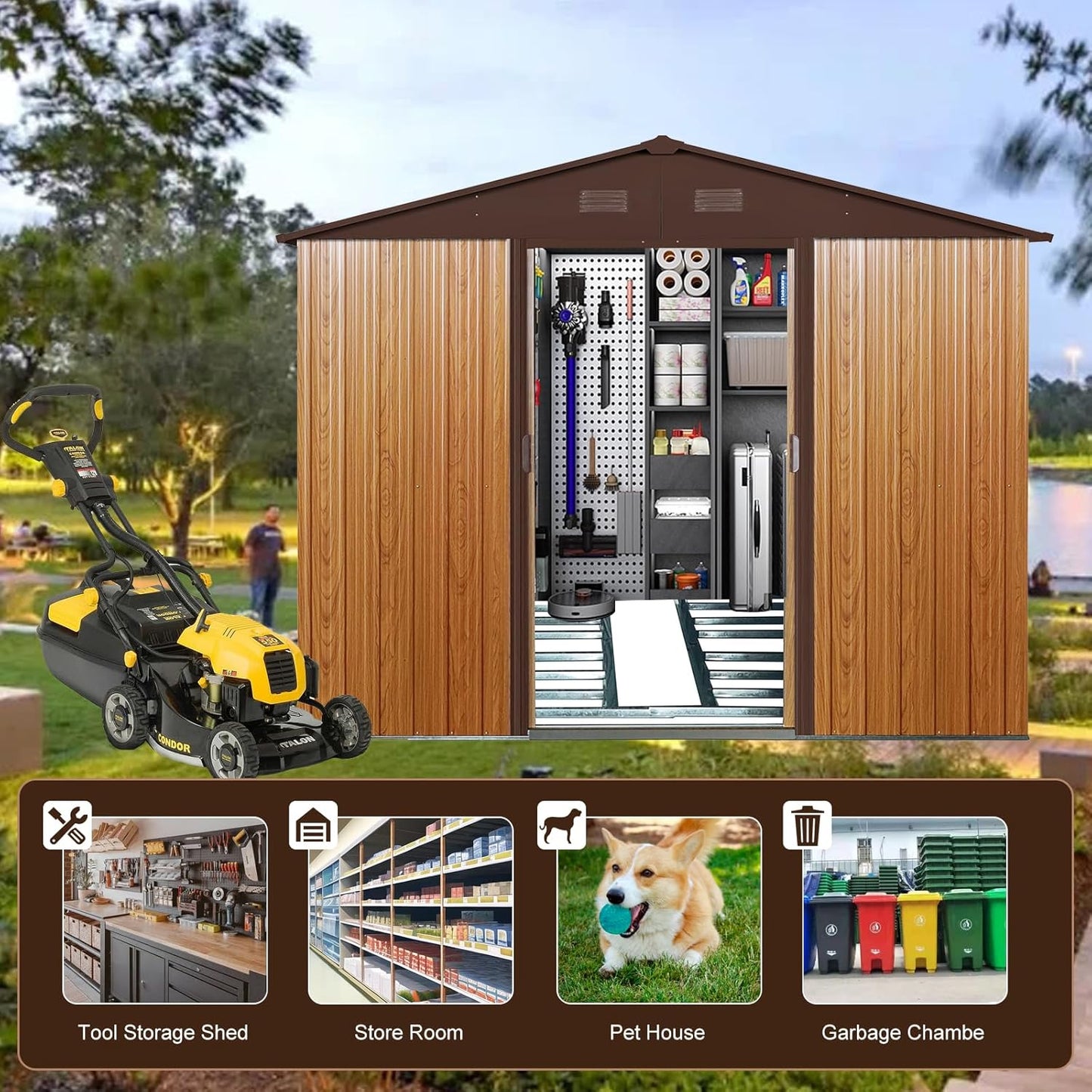 10x8 FT Outdoor Storage Shed, Garden Tool House with Metal Floor Base, Double Sliding Doors, Air Vents, Storage Clearance for Backyard, Patio, Garage, Lawn, Coffee