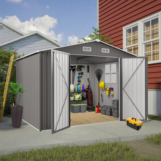 10x8 FT Outdoor Storage Shed with Window, Metal Sheds & Outdoor Storage with Lockable Door and 4 Vents, Outside Storage Shed Waterproof for Backyard, Garden, Patio, Gray