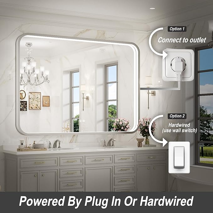 LED Bathroom Mirror with Lights, 48x36 Inch Brushed Silver Framed Lighted - Image 5