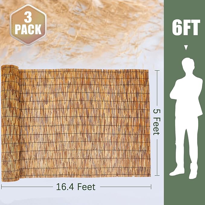Barydat 3 Pcs 5 x 16.4 ft Reed Fence Roll, 85% Shade Bamboo Privacy Screen - Image 2