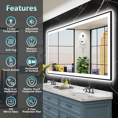 77x36 Black Framed LED Bathroom Mirror - Image 2