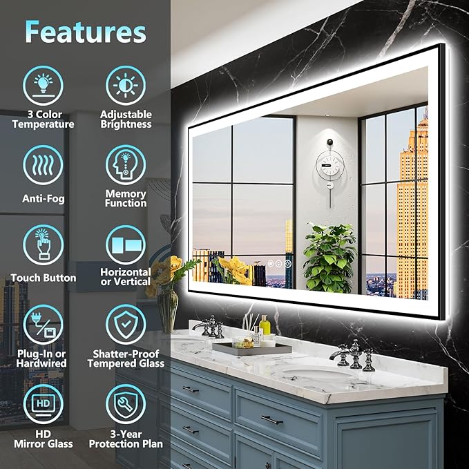 72x32 Black Framed LED Bathroom Mirror - Image 2