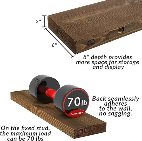 72 Inch Floating Shelves Set of 2, 8-in Deep High End Real Solid Wood Floating - Image 2