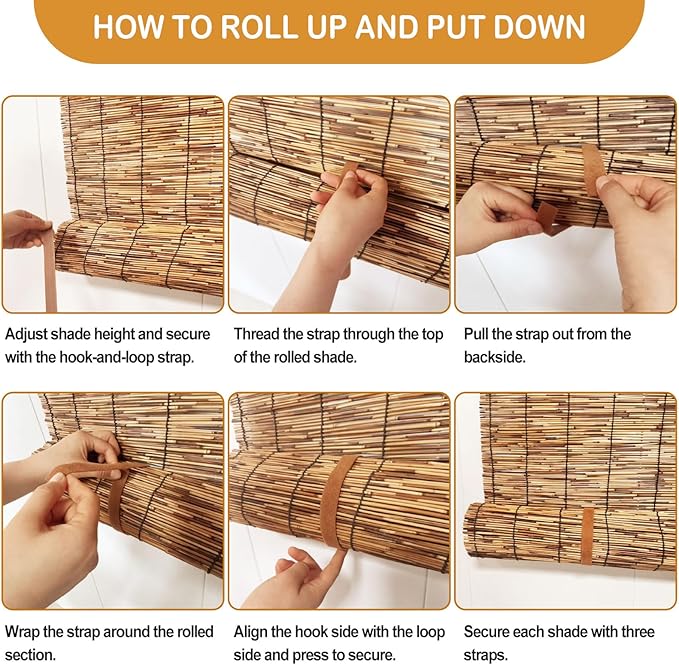 DoubleFill 2 Pcs Bamboo Shades Outdoor Reed Roll Up Blinds 84" W X 72" H - Image 3