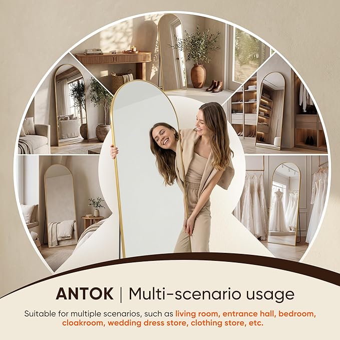 Antok 76" x34” Arched Full Length Floor Mirror, Free Standing/Wall Mount/Leaning - Image 8