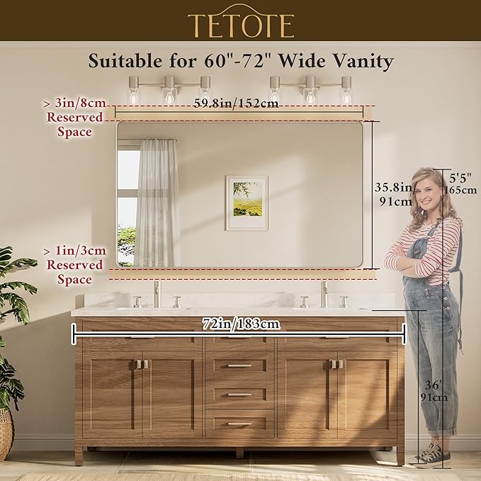 TETOTE 60 x 36 Inch Mirrors for Bathroom, Brushed Brass Gold Vanity Mirror - Image 8