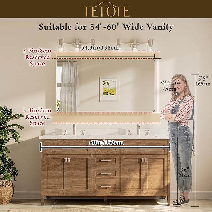 TETOTE 55 x 30 Inch Bathroom Mirror, Brushed Gold Metal Framed Wall Mounted - Image 8