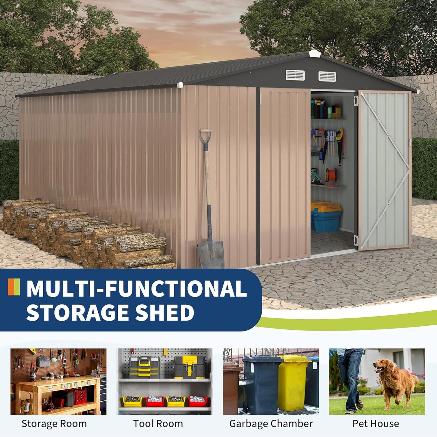 10x14 FT Metal Storage Sheds Outdoor, Metal ToolShed with Lockable Door, Metals Yard Sheds Metals Garden Shed Kit, MetalUtility Sheds Buildings with Air Vent for Backyard Garden Patio Lawn