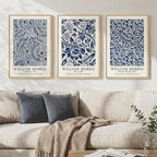 Framed Large William Morris Wall Art Set of 3, Vintage Blue Botanical Floral by Cuspin