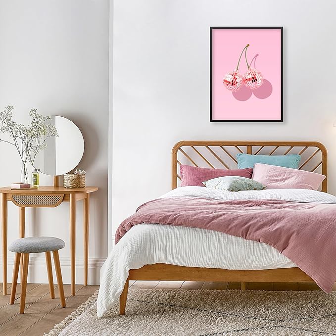 Funky Pink Cherry Poster Retro Disco Ball Canvas Wall Art 24X36 inch Black - Image 7