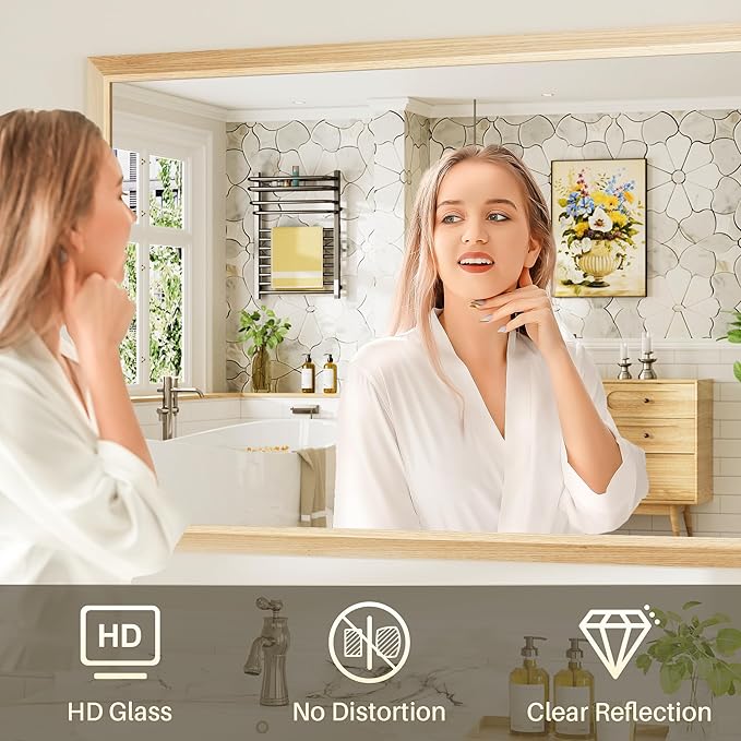 72x32 Inch Bathroom Mirror for Wall, Anti-Rust Oak Wood Grain Metal Framed - Image 6