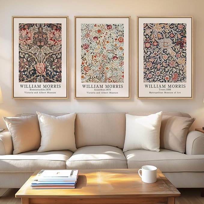 Framed Large William Morris Canvas Wall Art Set of 3, Vintage Floral Botanical by Cuspin
