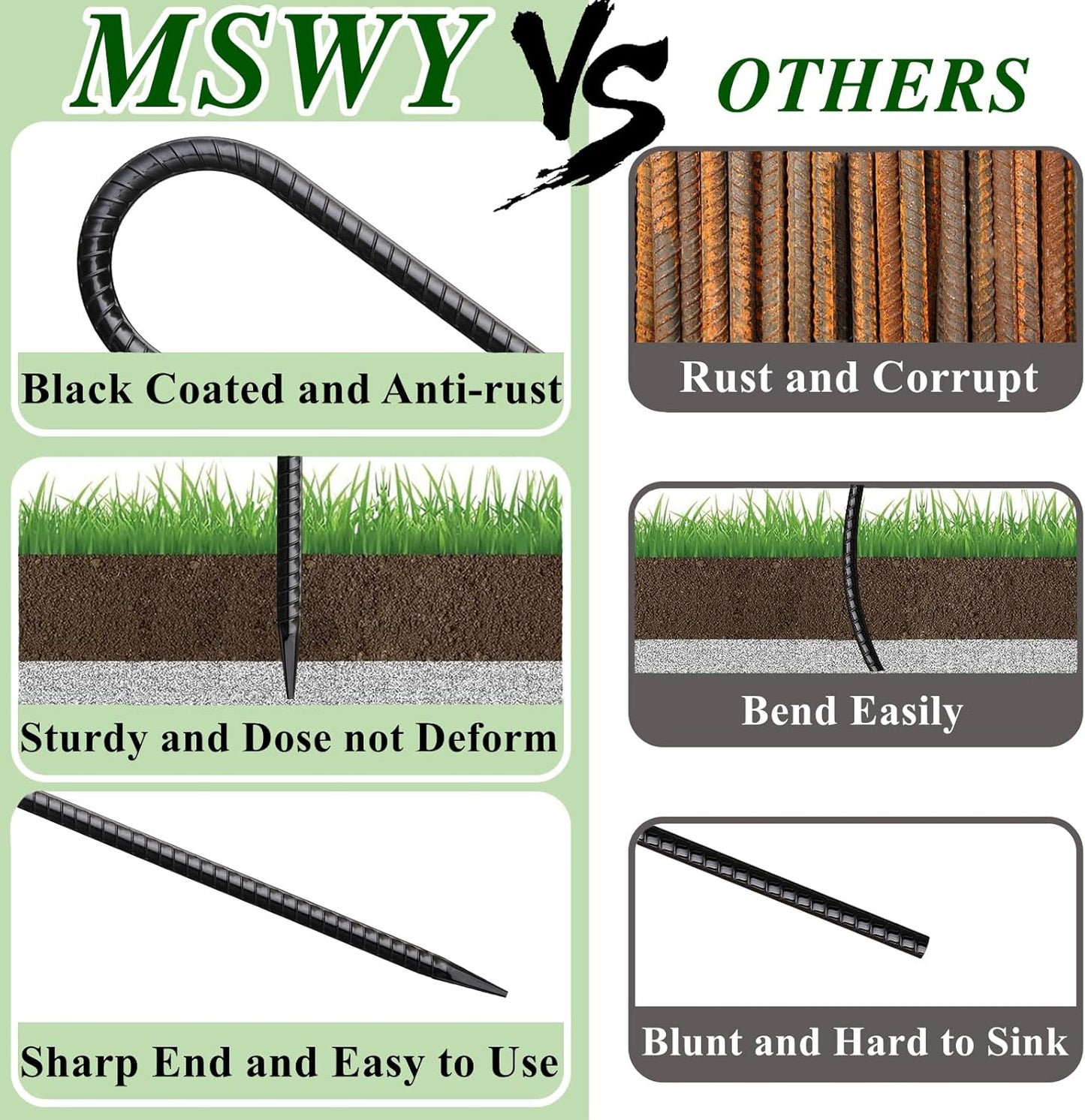 16 Inch Rebar Stakes J Hook 26 Pack Ground Stakes Heavy Duty Tent Stakes with Chisel Point End Chain Link Fence Stakes Galvanized Steel Ground Anchors Metal Spikes Black Coated