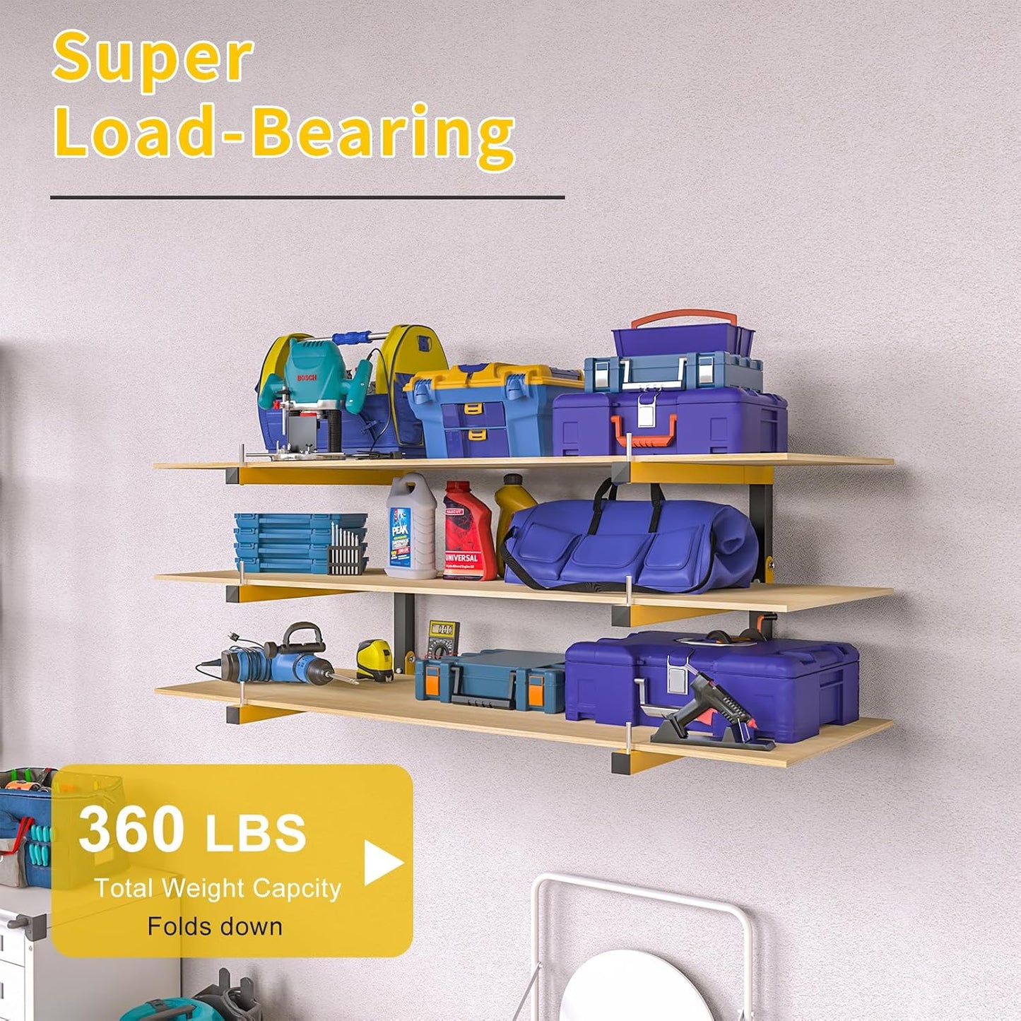 2 PACK Lumber Storage Rack Wall Mount Wood Organizer Storage Racks Heavy Duty Shelf Brackets with 3-Level System 360 LB Sturdy Folding Garage Wall Shelving, Snowboard Rack for Indoor and Outdoor