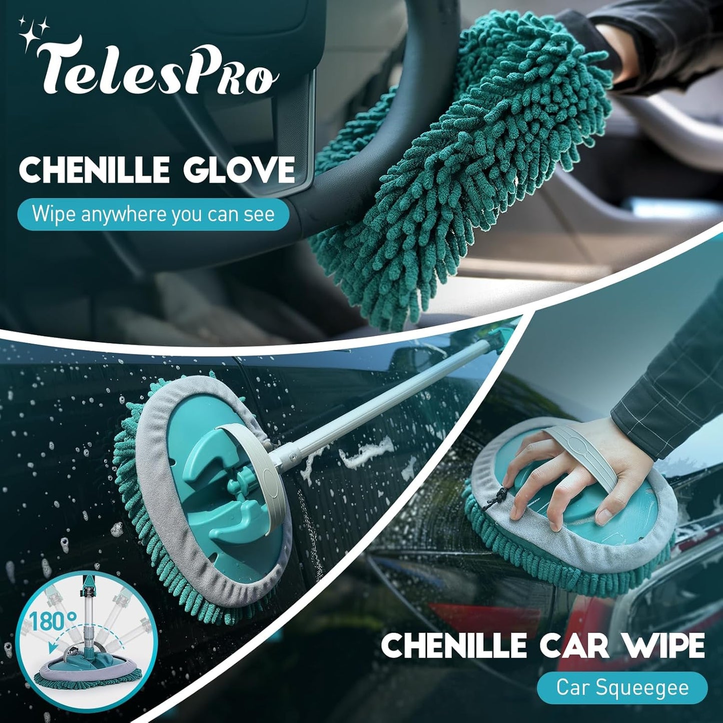 12FT Car Wash Brush with Long Handle, Car Cleaning Kit with Soft Wash Brush, Tire Brush, Window Squeegee, Microfiber Cleaning Head, Mitt, for House Siding, Auto Cars, Trucks, SUV, RV, Floors