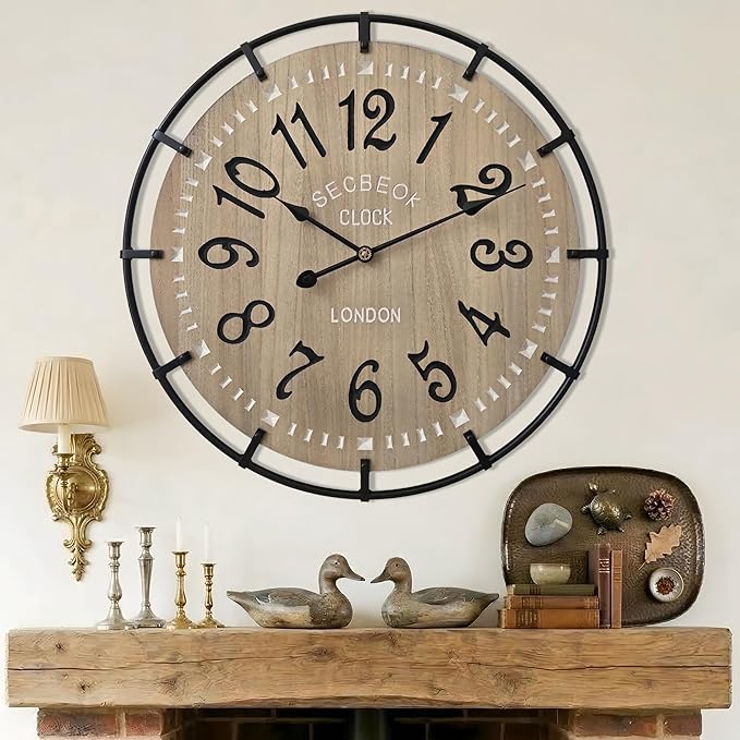 30 Inch Oversized Farmhouse Wall Clock, Metal Rustic Wood by Unknown