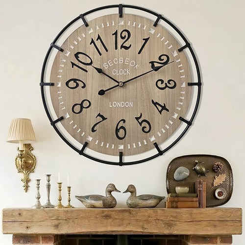 30 Inch Oversized Farmhouse Wall Clock, Metal Rustic Wood by Unknown