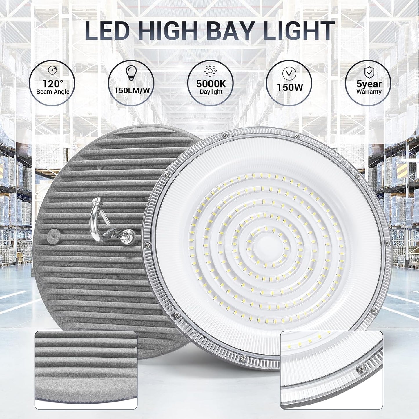 15 Pack 150W UFO Led High Bay Light,120VAC,21050LM 5000K Daylight Area Lighting,IP66 Waterproof 650W MH/HPS with Plug Commercial Bay Lighting for Warehouse/Shop/Workshop/Barn/Gym/Factory