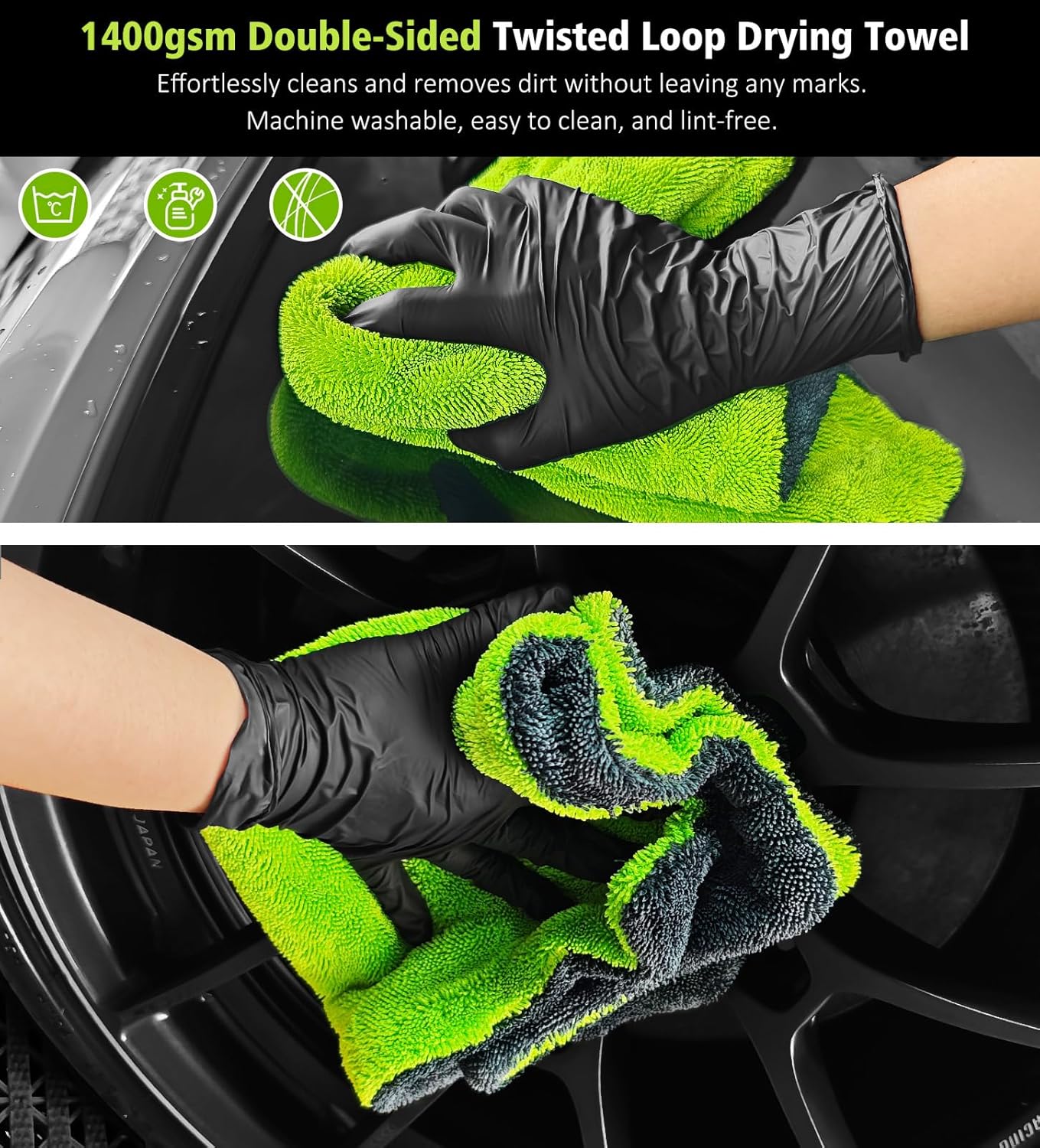 2-Pack Car Drying Towels, 16"x 16" Microfiber Drying Towel for Car Detailing, 1400 GSM High Absorbent Edgeless Streak Free Car Wash Drying Towels for Car Truck SUV, Green&Gray