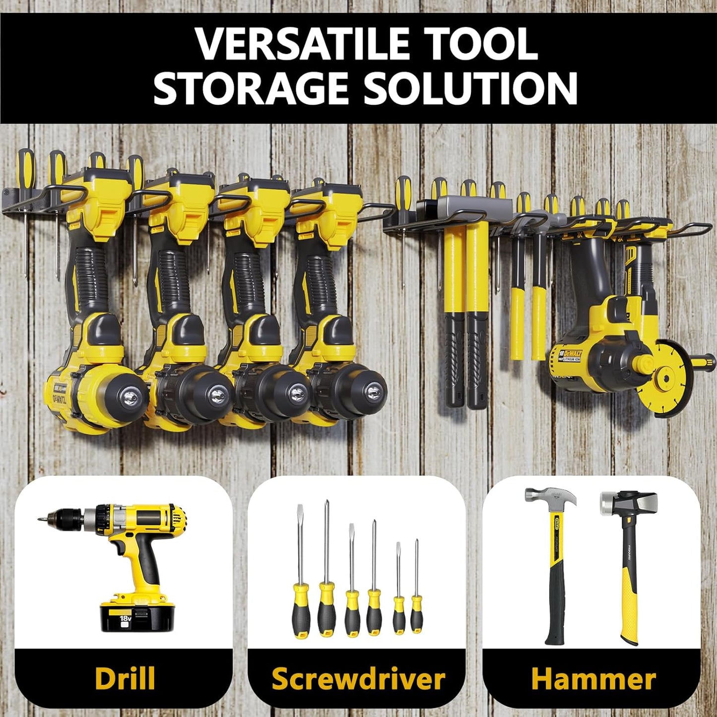 2 Pack Drill Holder, Power Tool Organizer Wall Mount, Heavy Duty Garage Storage and Tool Organizer, Ideal Garage Organization Gifts for man, 8 Slots for Power Tools and 32 Screwdriver Rack