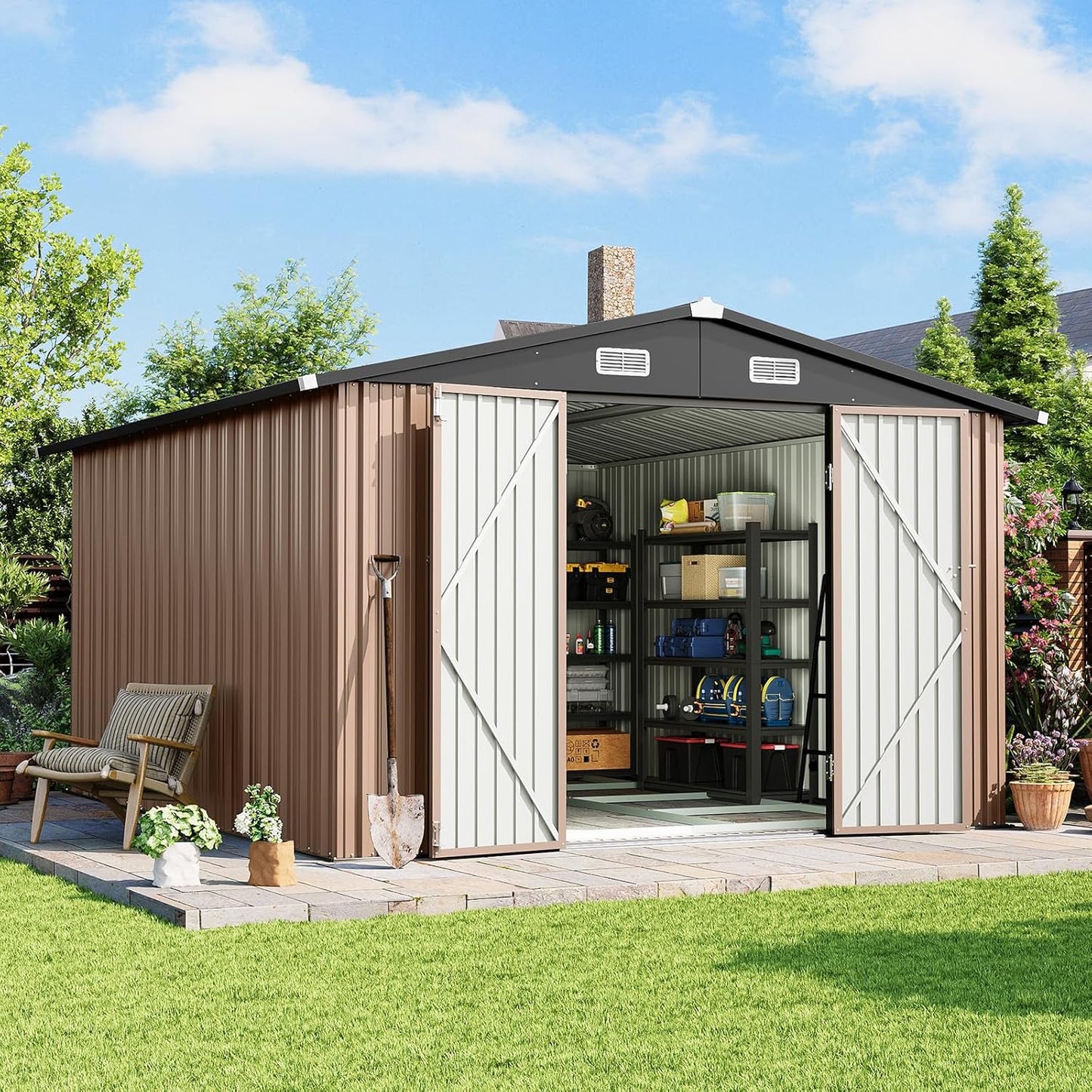 10x12 FT Outdoor Storage Shed with Base & Lockable Double Doors, Heavy-Duty Galvanized Steel Outdoor Metal Shed for Bike, Tool, Generator Storage in Backyard, Patio (10’x12’, Base)