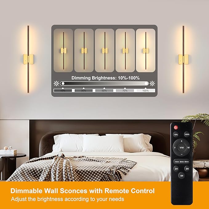 Morauroral 40″ Walnut Battery Operated Wall Sconces Set of Two, Dimmable Wall - Image 3