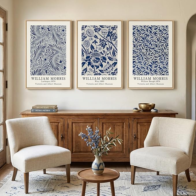 Large Framed Blue William Morris Wall Art Set of 3, Vintage Botanical Floral - Image 2