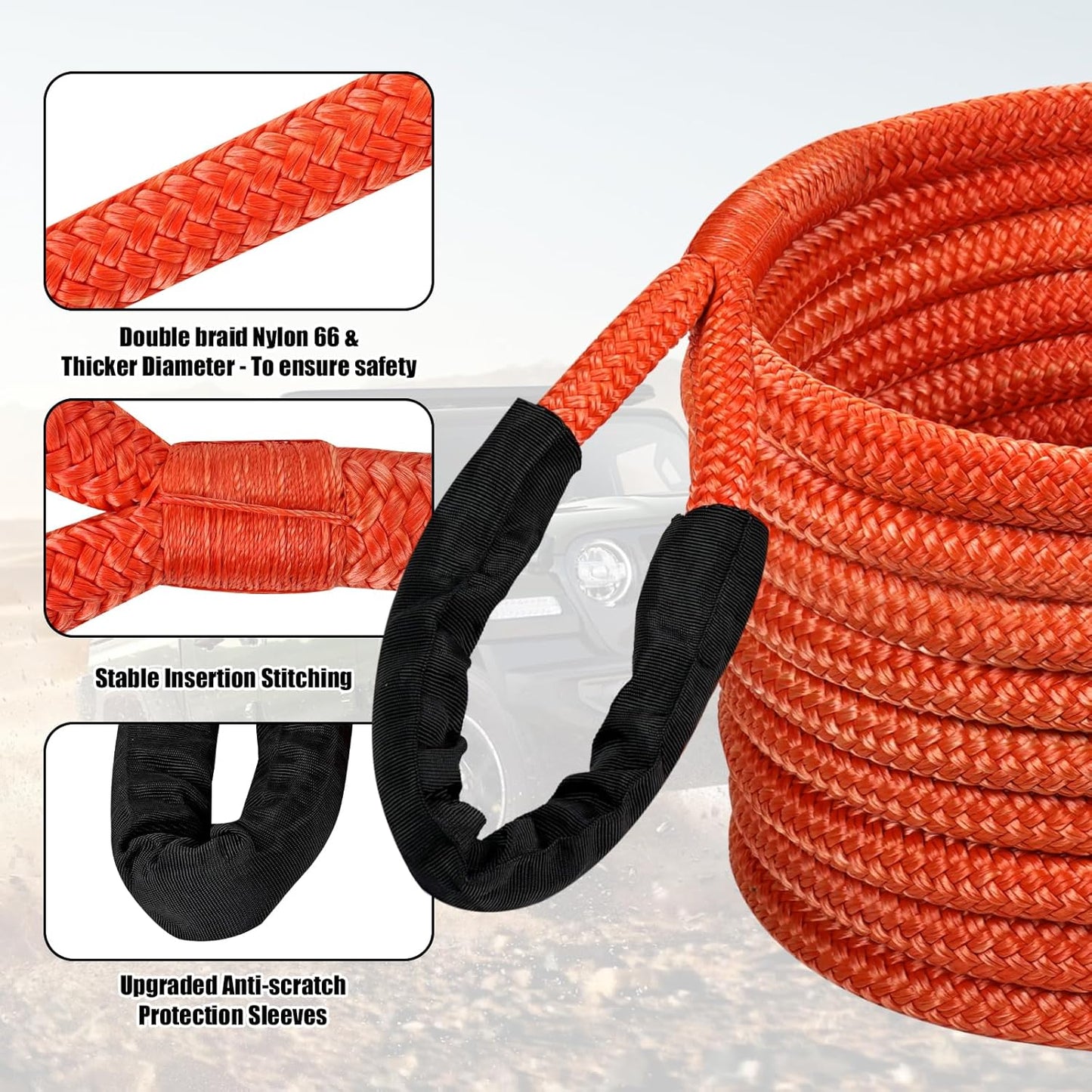 1" × 30ft Kinetic Recovery Tow Rope (48,000lbs), Heavy Duty Offroad Towing Straps Kit, Includes 2 Soft Shackles, Offroad Recovery Kit for UTV, ATV, Truck, Car, Jeep, Tractor (Orange)