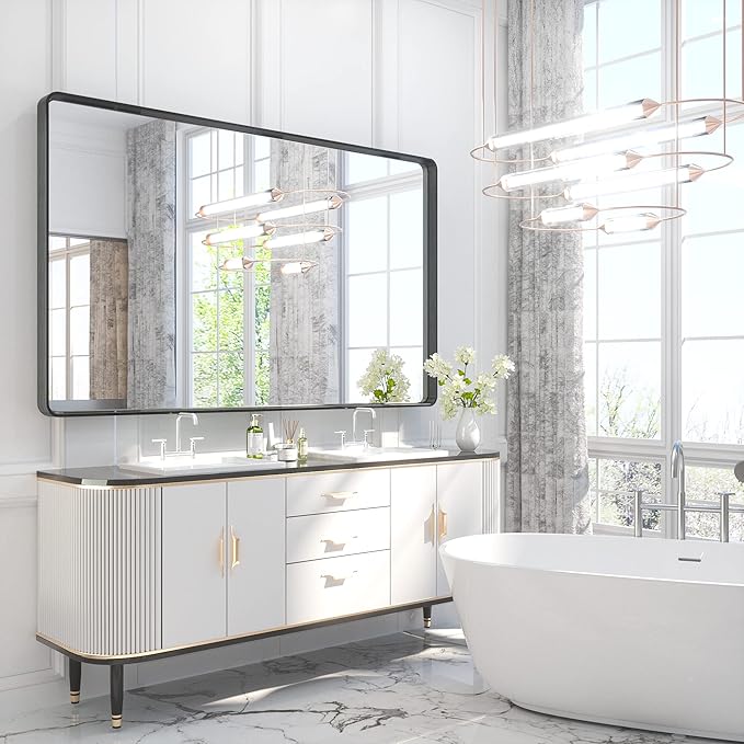 TETOTE 60 x 36 Inch Bathroom Mirror, Matte Black Metal Frame Modern Farmhouse - Image 8