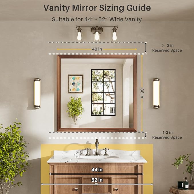 40x38 Inch Bathroom Mirror for Wall, Anti-Rust Walnut Wood Grain Metal Framed - Image 2