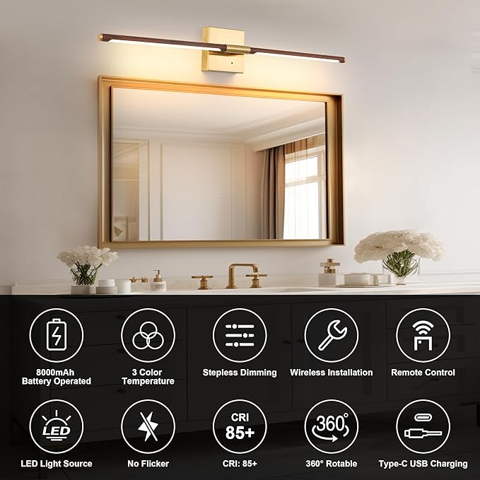 Morauroral 40″ Walnut Battery Operated Wall Sconces Set of Two, Dimmable Wall - Image 2
